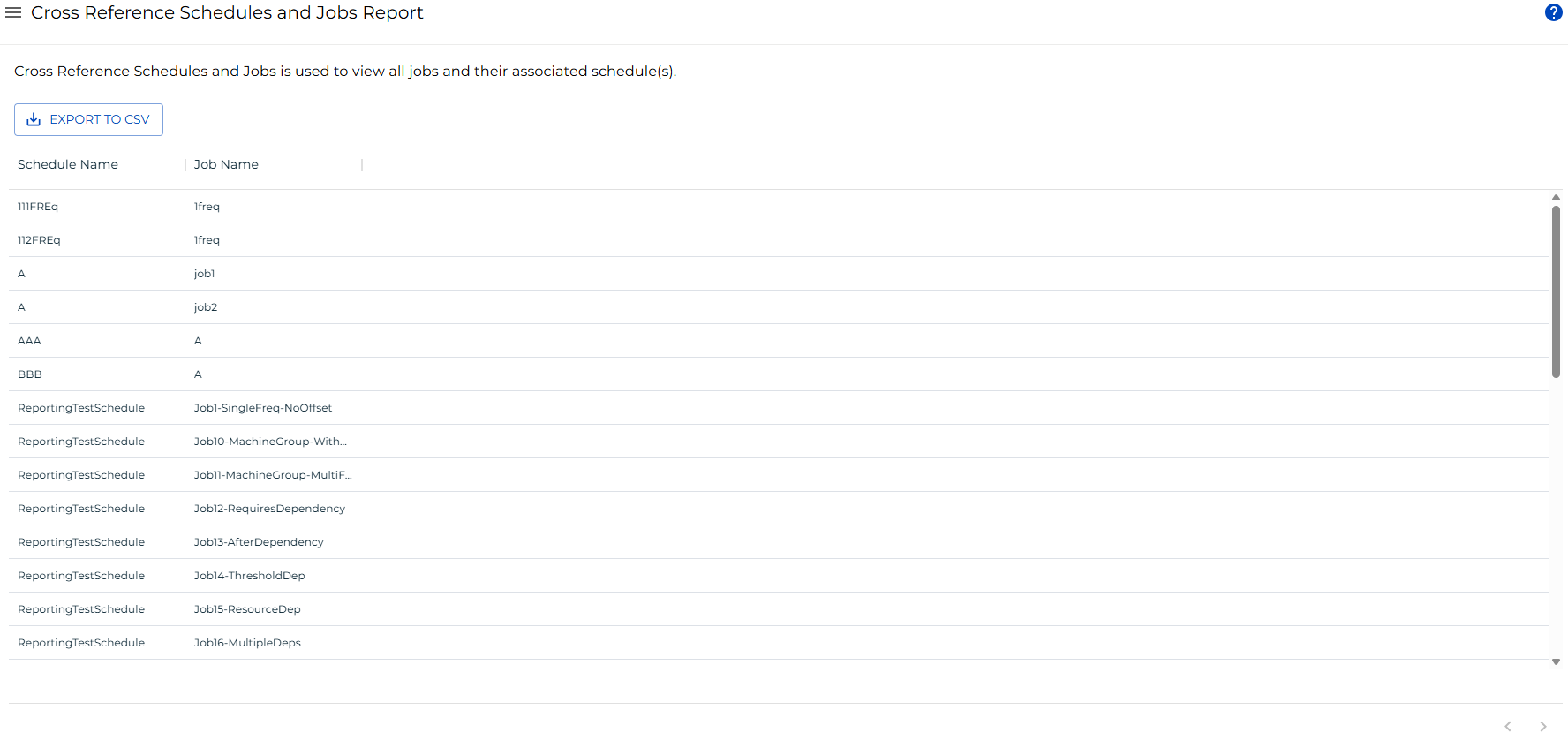 A screen showing the Cross Reference Schedules and Jobs Report