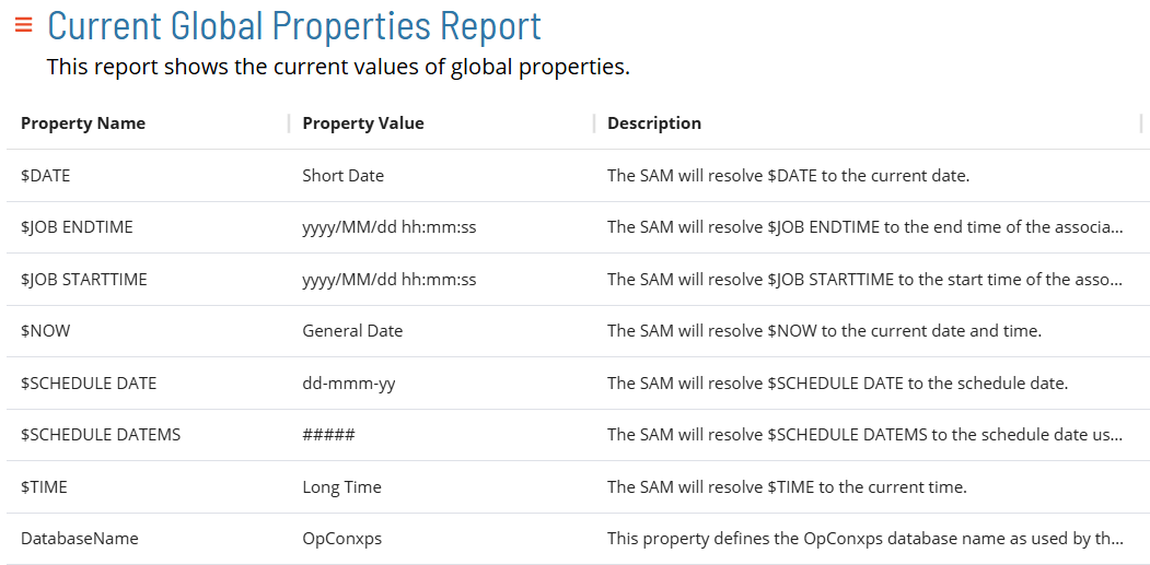 Current Global Properties Report A screen showing the Current Global Properties Report