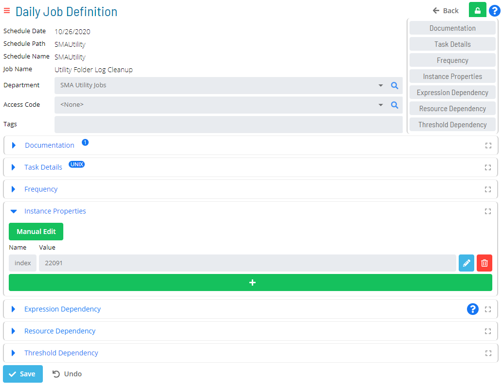 Daily Job Definition Instance Properties Panel