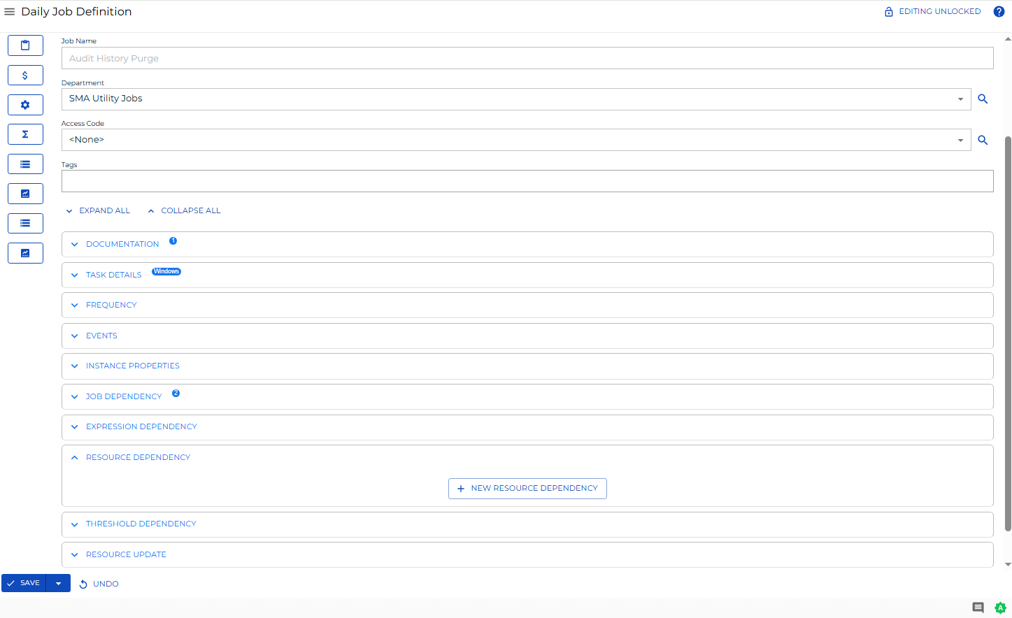 Daily Job Definition Resource Dependency Panel