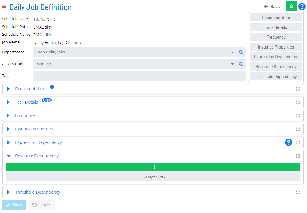 Daily Job Definition Resource Dependency Panel