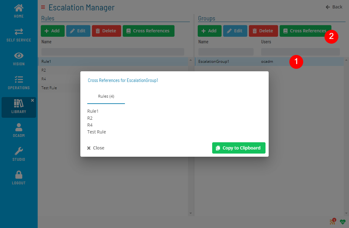 A screen showing cross references for an escalation group