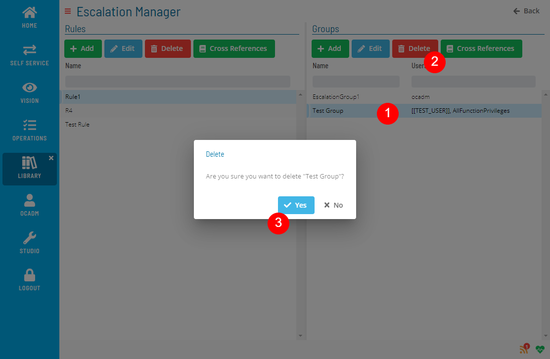 A screen asking for confirmation to delete escalation group