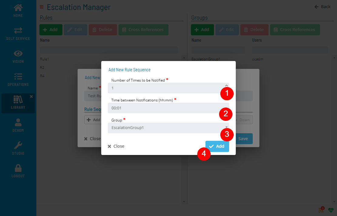 A screen showing add escalation rule sequence form