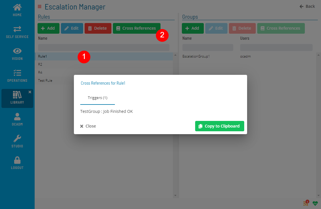 A screen showing cross references for an escalation rule