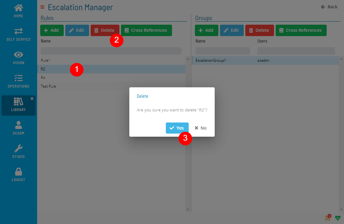 A screen asking for confirmation to delete escalation rule