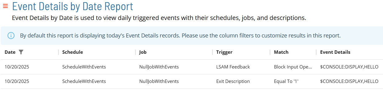 Event Details Report A screen showing the Event Details Report