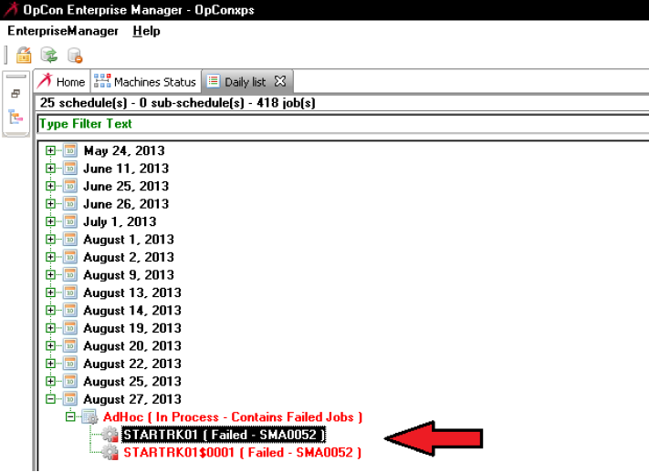 Example of SMA0052 Error Message for AdHoc Job