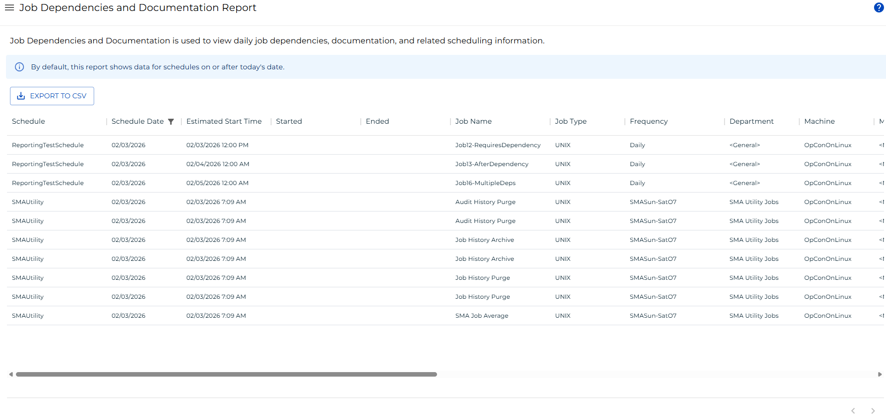 A screen showing the Job Dependencies and Documentation Report