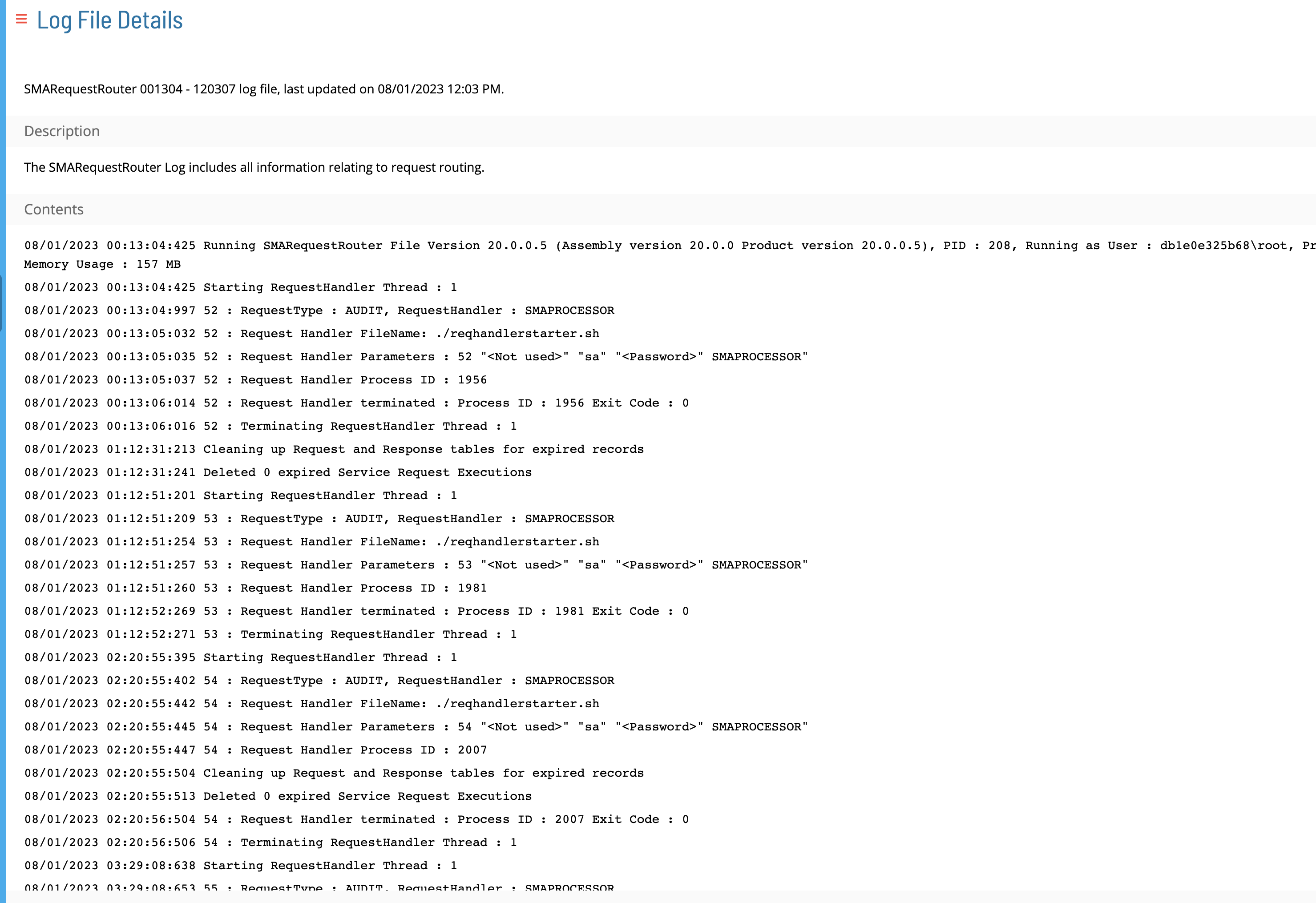 A screen showing log file details