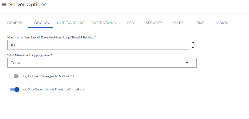 A screen showing logging settings under server options