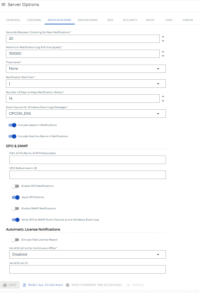 A screen showing notification settings under server options