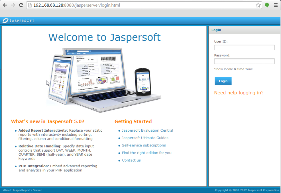 JasperServer login screen