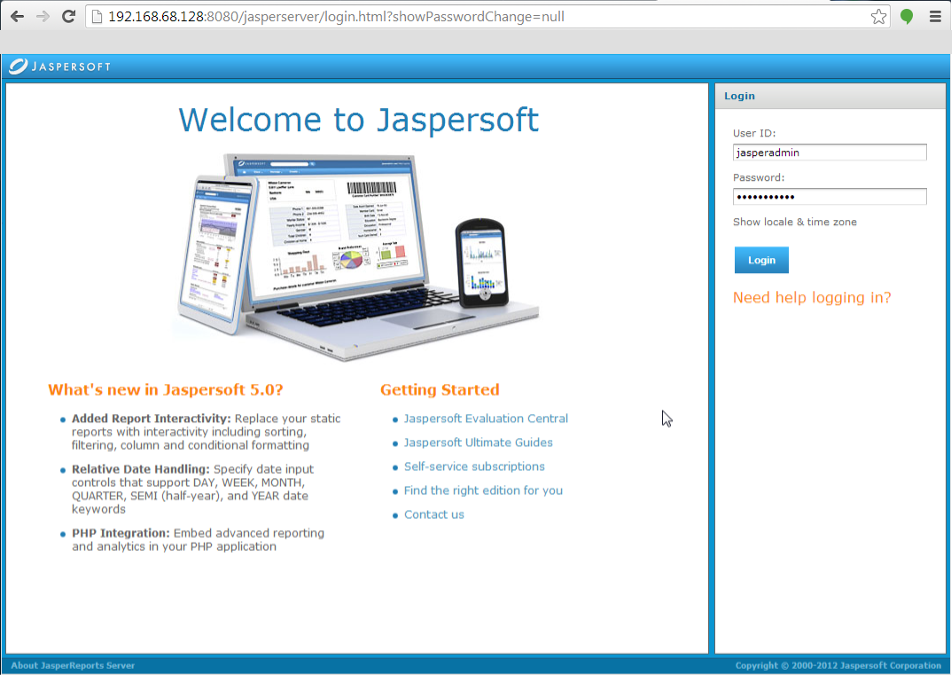 JasperServer dashboard after login