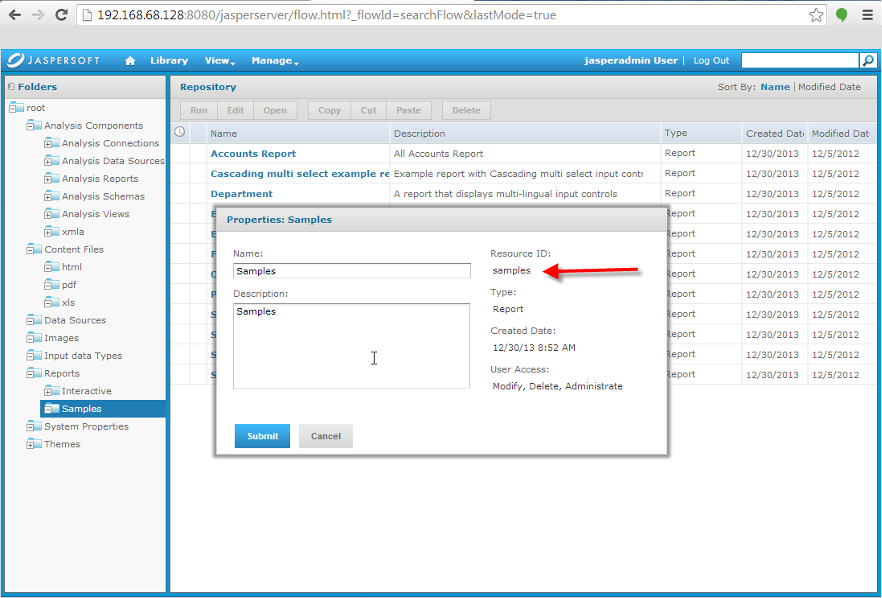 Properties dialog showing Resource ID for Samples folder