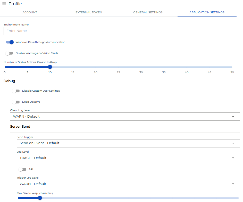 Profile Application Settings Tab