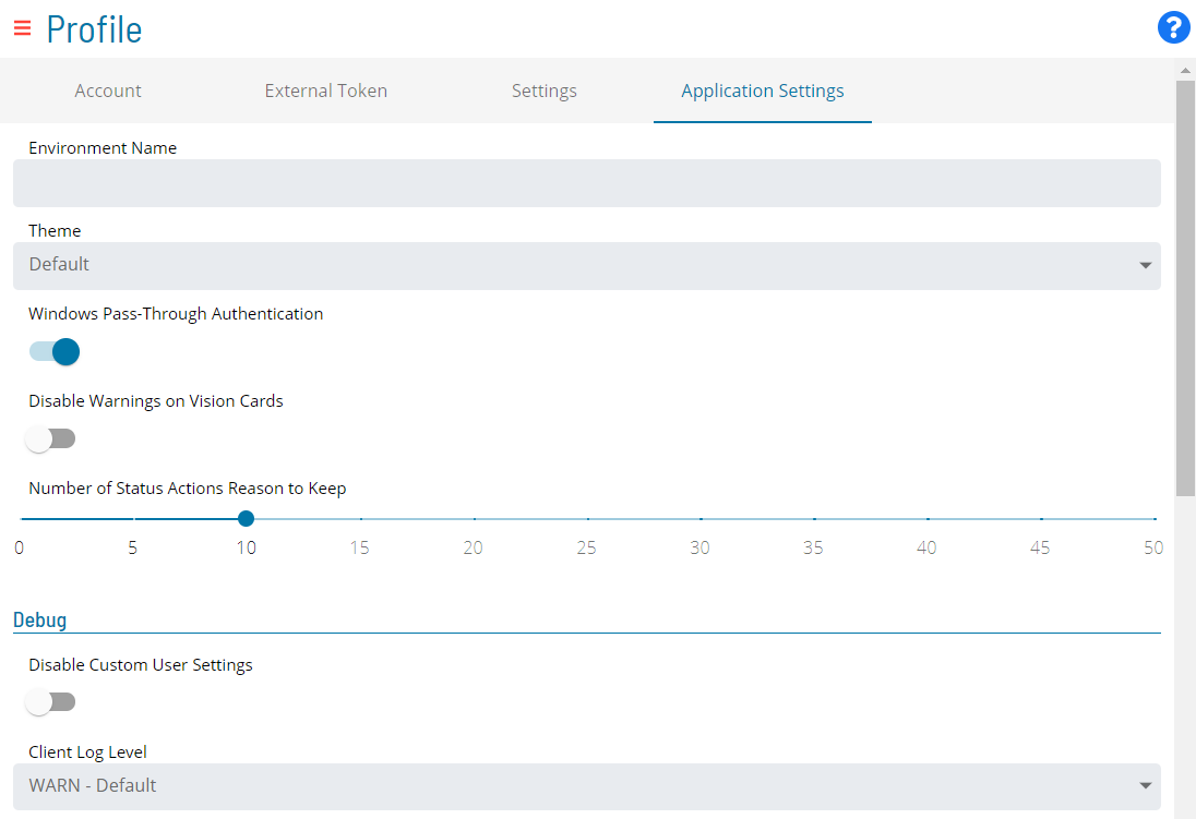 Profile Application Settings Tab