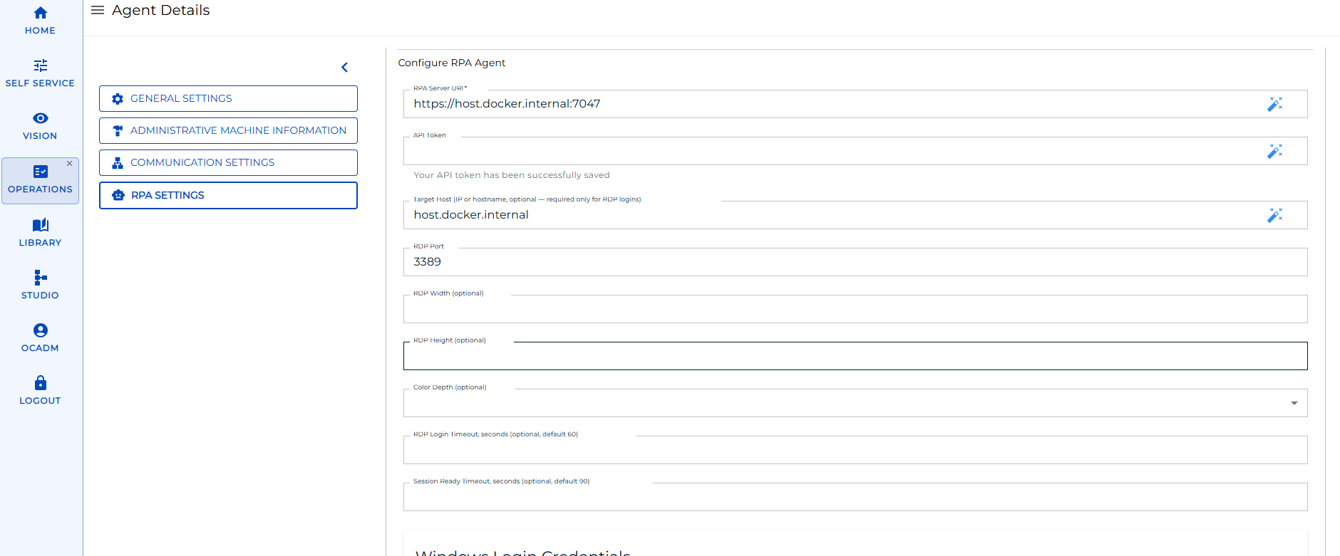 Solution Manager showing the RDP host, port, and optional display and timeout fields