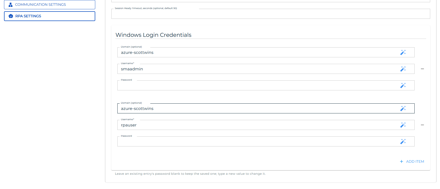 The Windows Login Credentials section with two items added, each showing the domain, username, and password fields