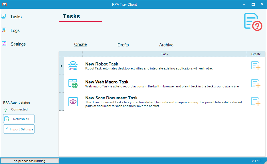 RPA Tray Client with the Settings menu item highlighted on the left