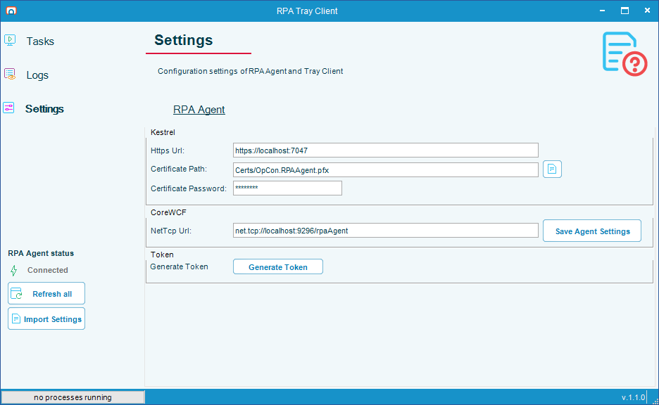 RPA Tray Client Settings screen showing the RPA Agent tab and the HTTPS URI field