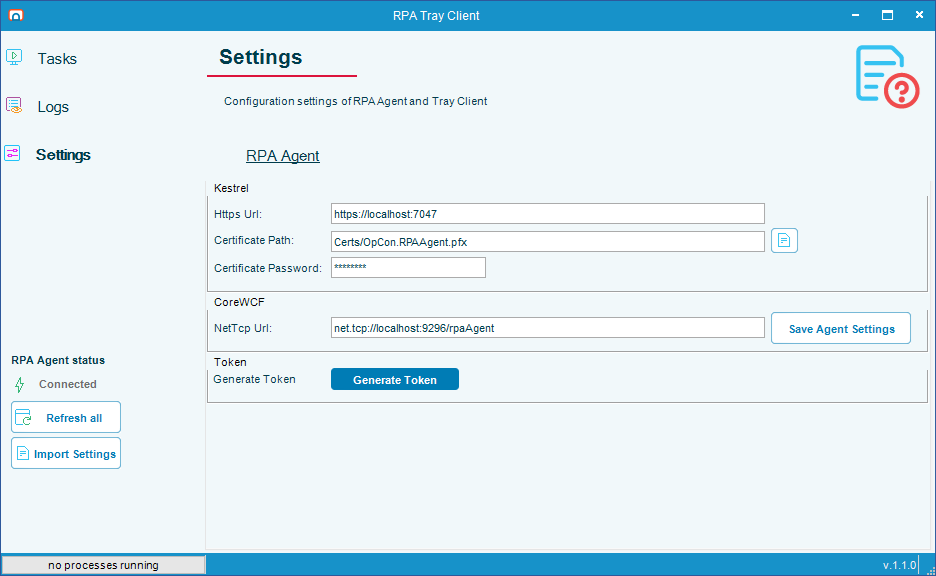 RPA Tray Client showing the Generate Token button