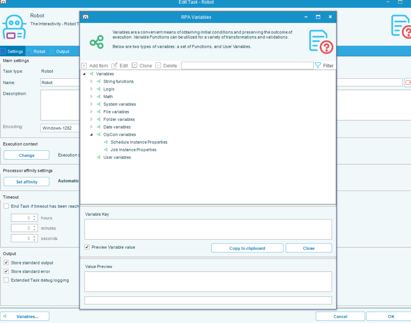 New RPA Variables screen displaying OpCon variables section
