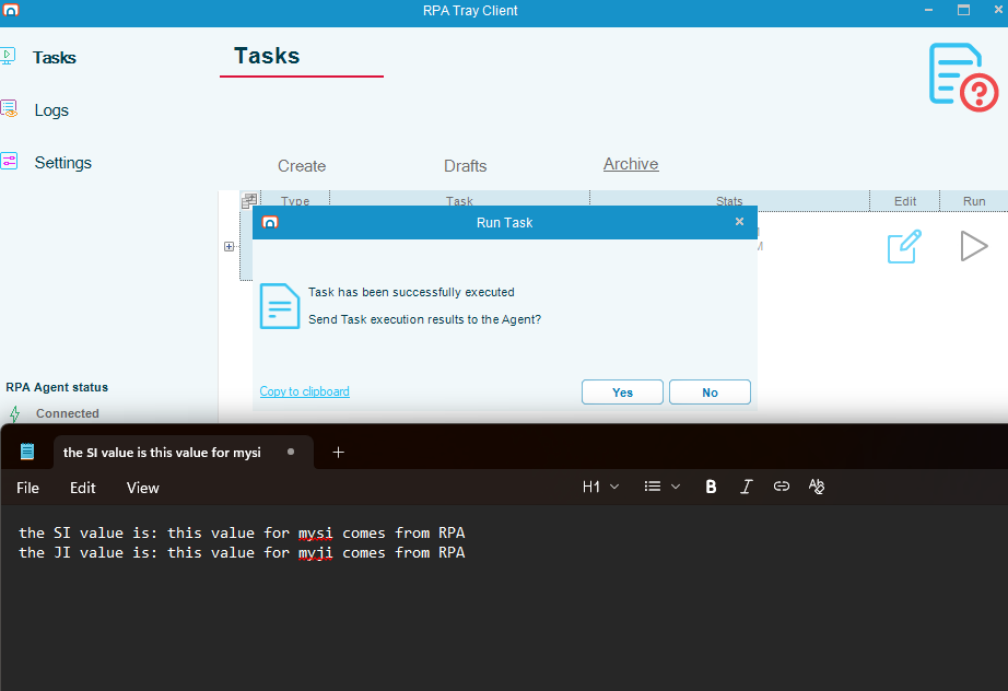 A screenshot of the outcome from running from the Task Grid