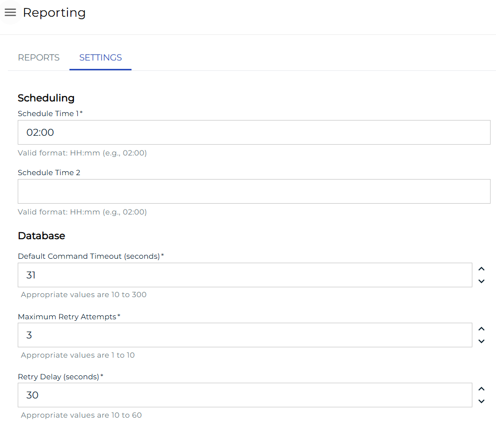 Reports Settings Tab 1