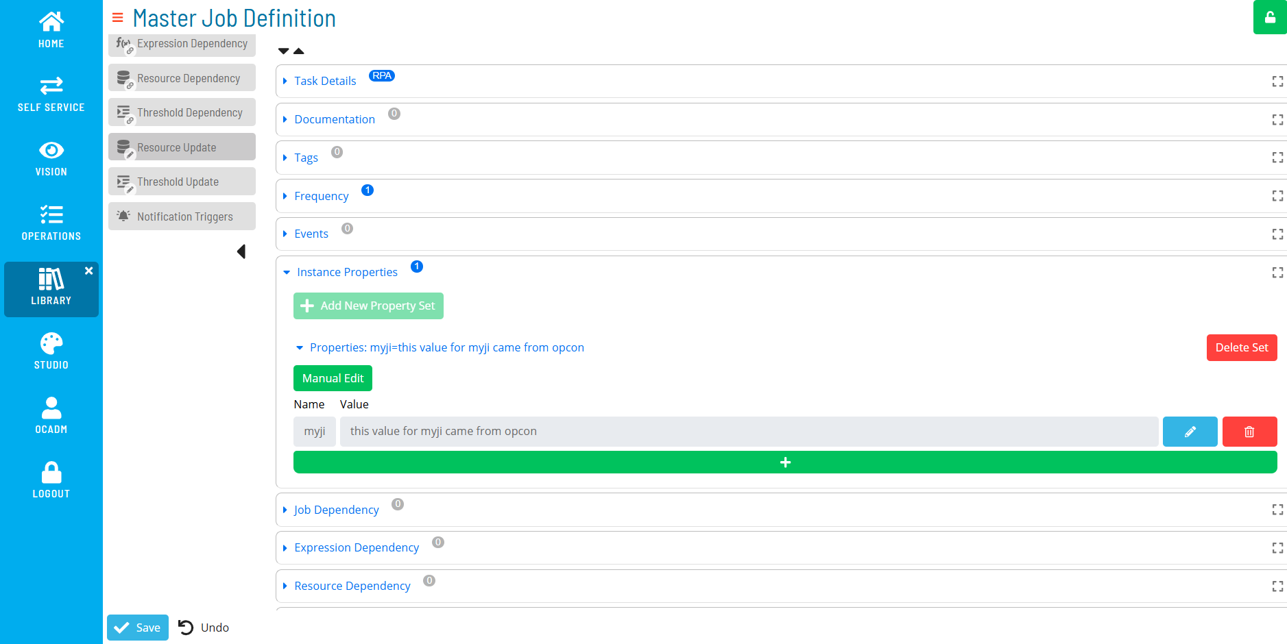 A screenshot of Solution Manager's Master Job Definition page where a user has added a Job Instance Property