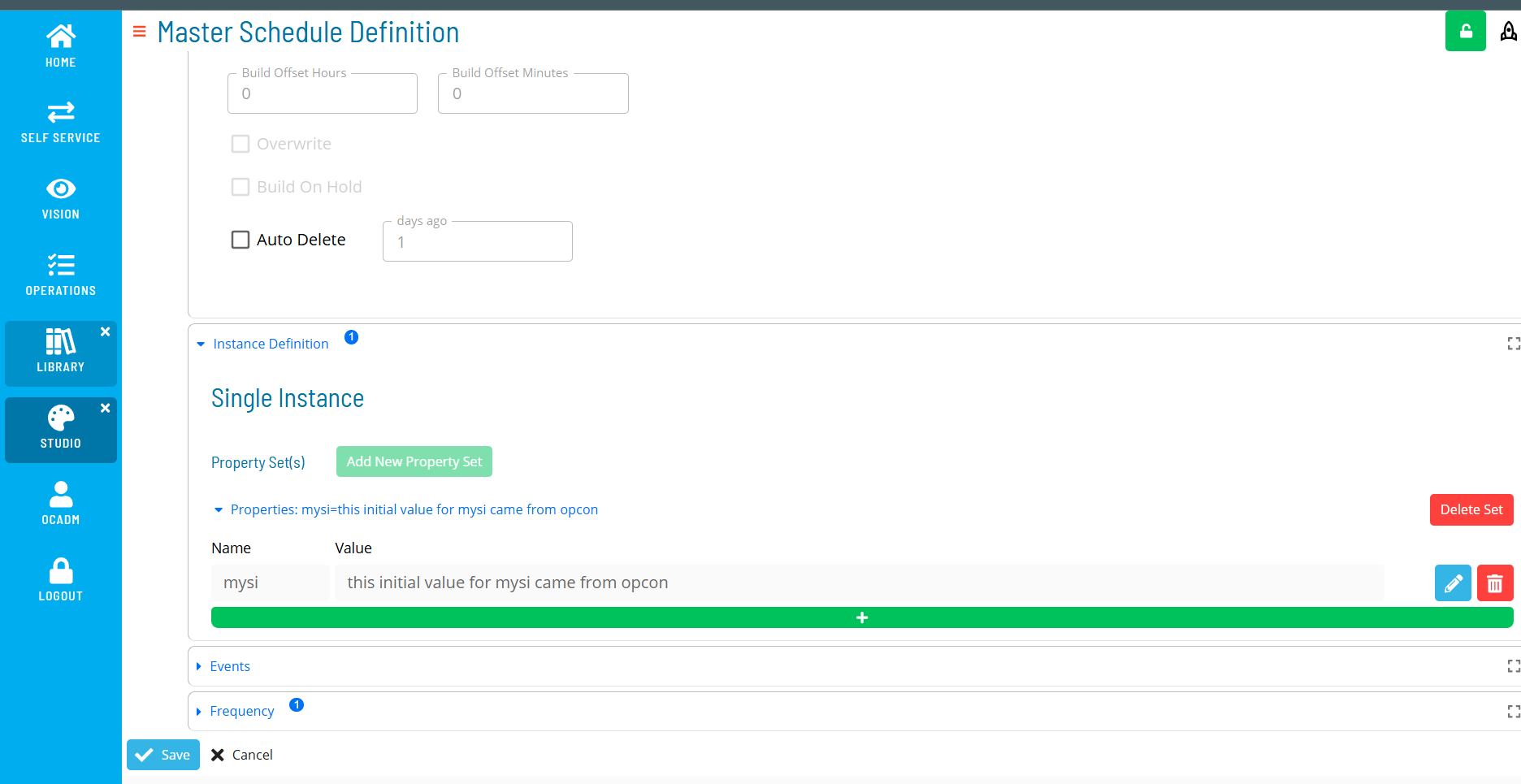 A screenshot of Solution Manager's Master Job Definition page where a user has added a Schedule Instance Property