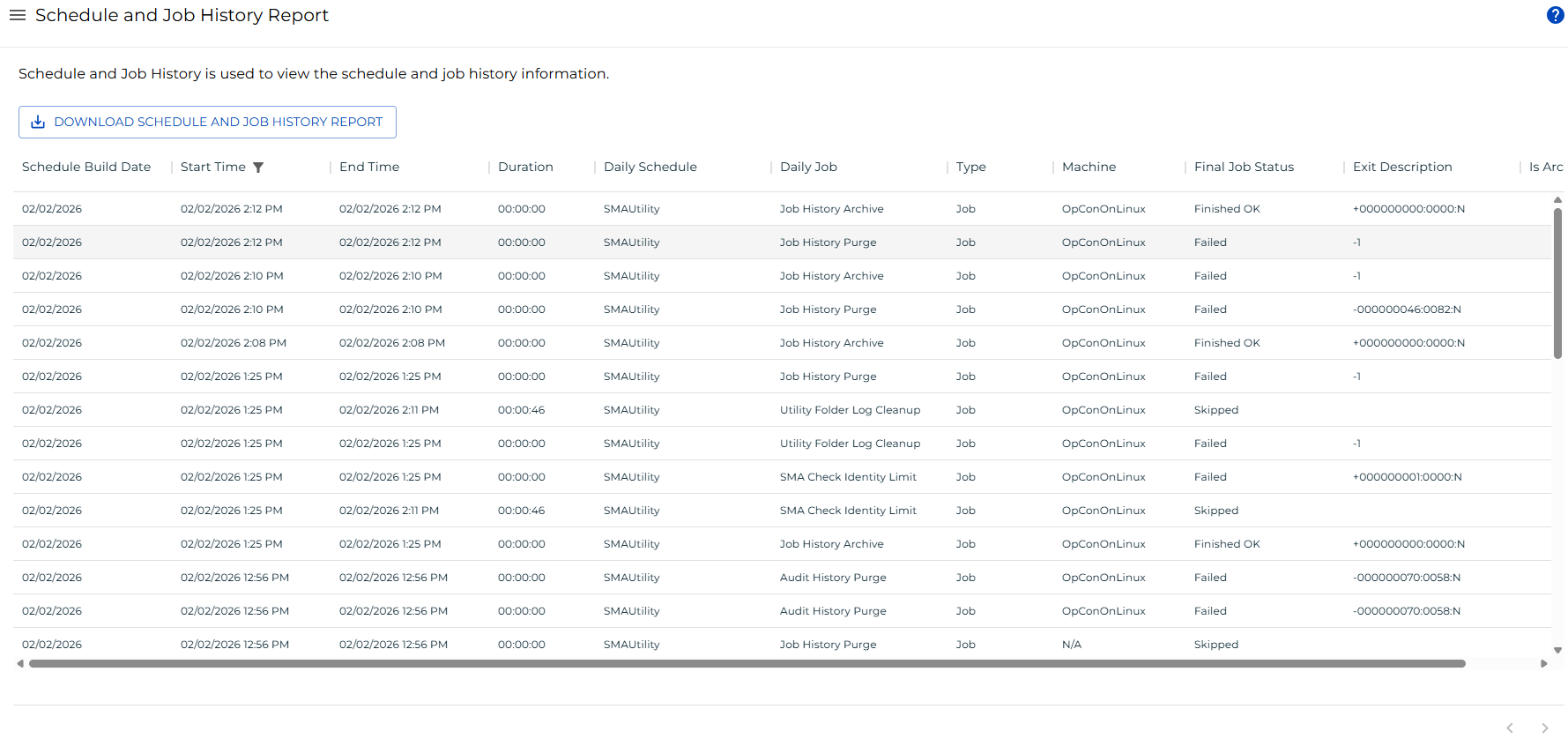 A screen showing the Schedule and Job History Report