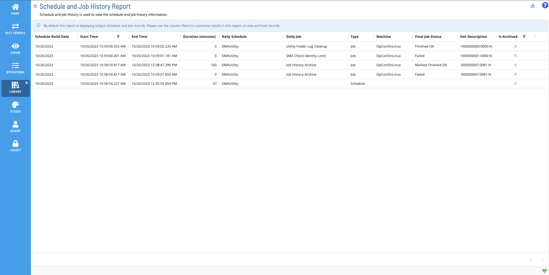 A screen showing the Schedule and Job History Report