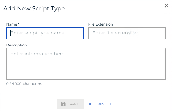 A screen showing add script type form