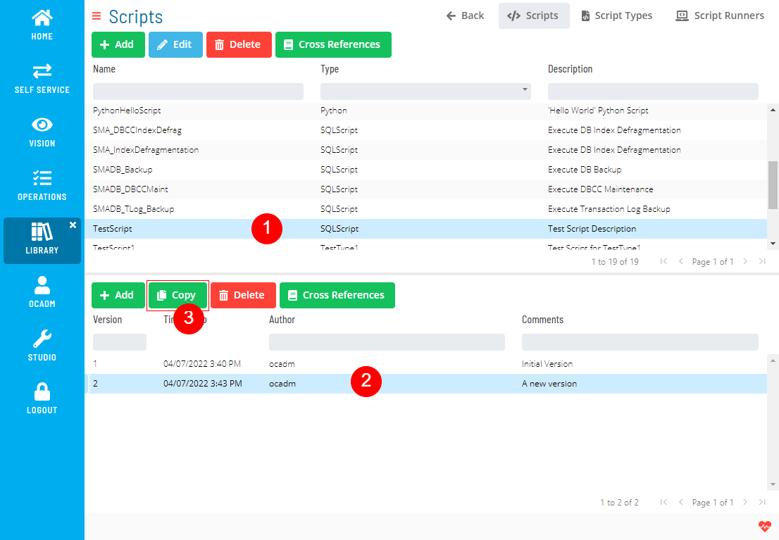 A screen showing script versions module with location of copy button