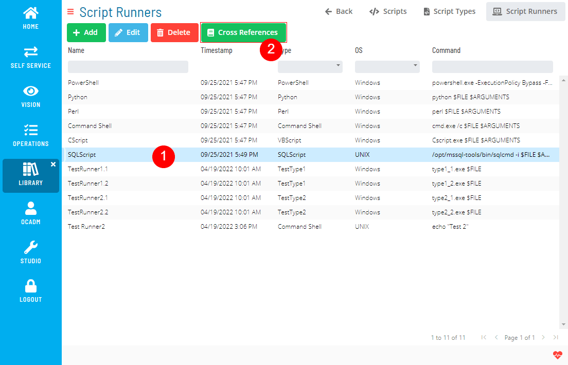 A screen showing script runners module with location of cross references button