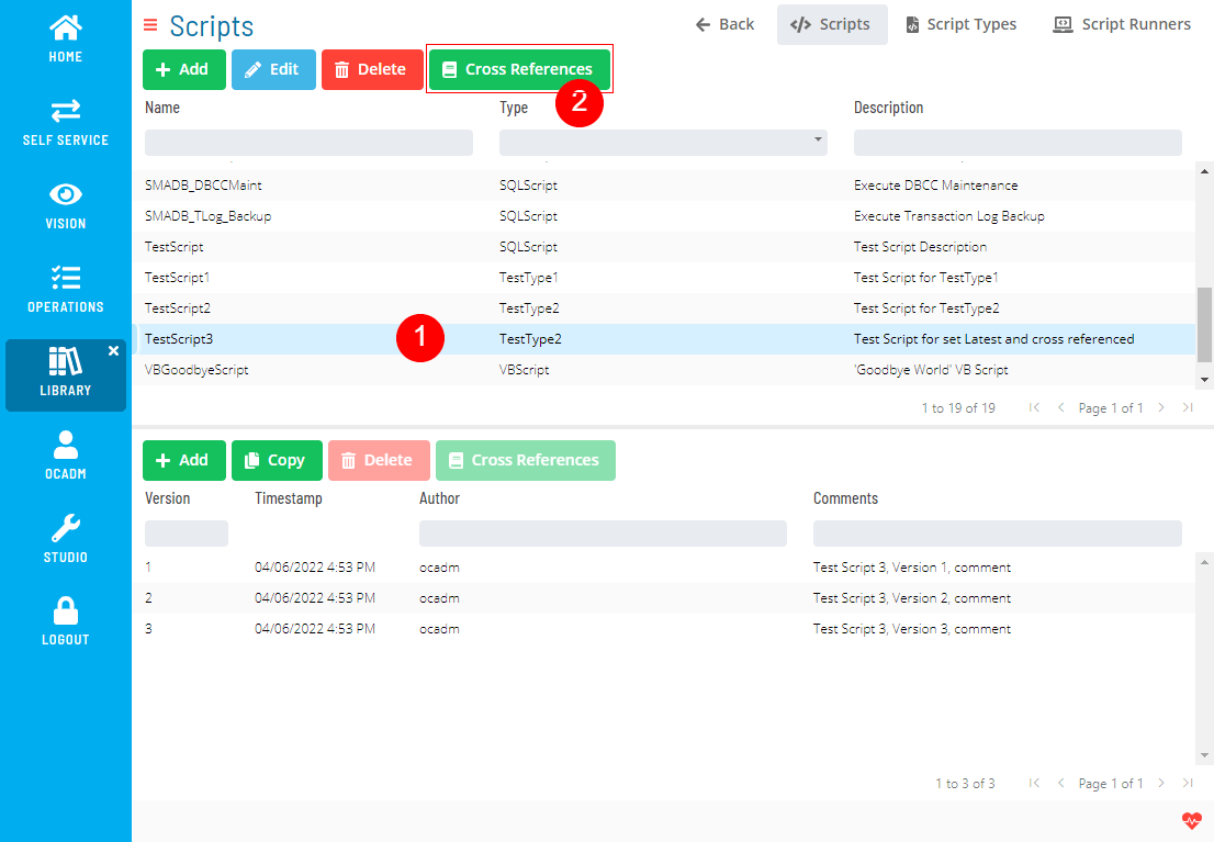 A screen showing scripts module with location of cross references button