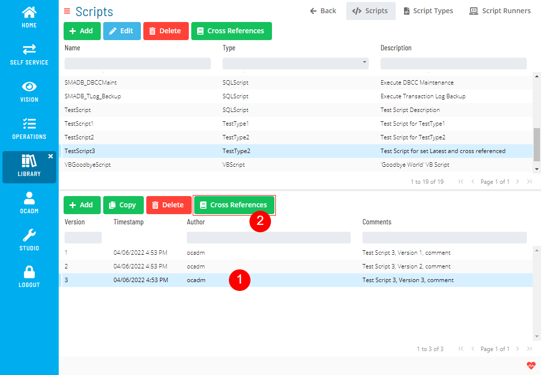 A screen showing script versions module with location of cross references button