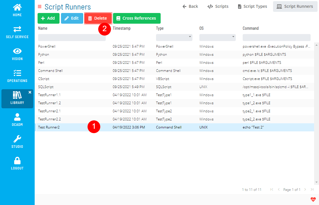 A screen showing script runners module with location of delete button
