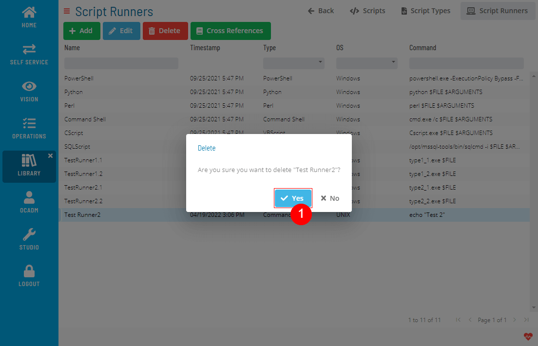 A screen asking for confirmation to delete a script runner