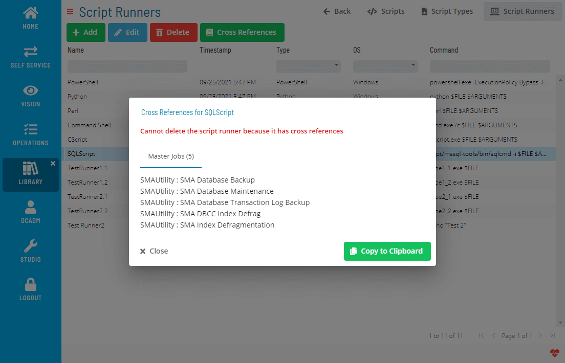 A screen showing cross references of a script runner