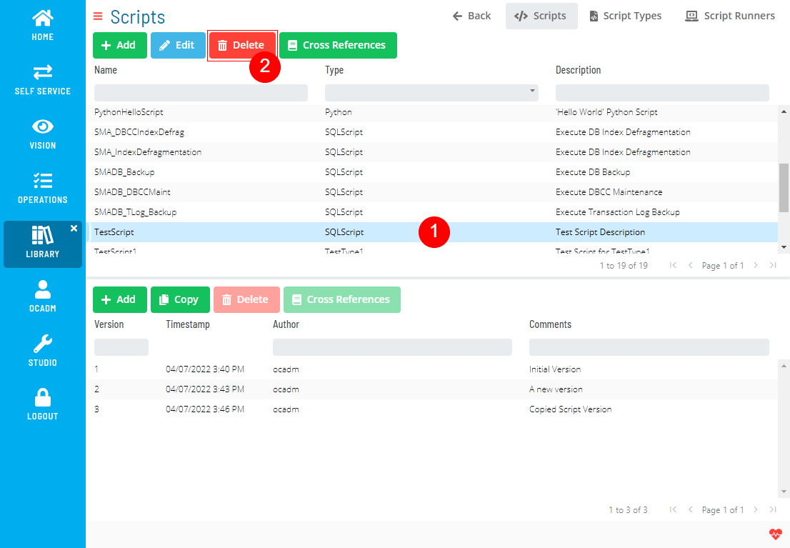 A screen showing scripts module with location of delete button