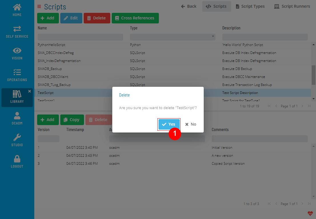 A screen asking for confirmation to delete a script
