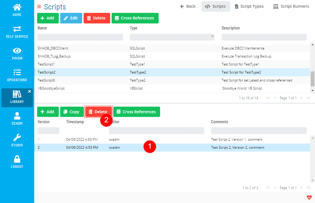 A screen showing script versions module with location of delete button