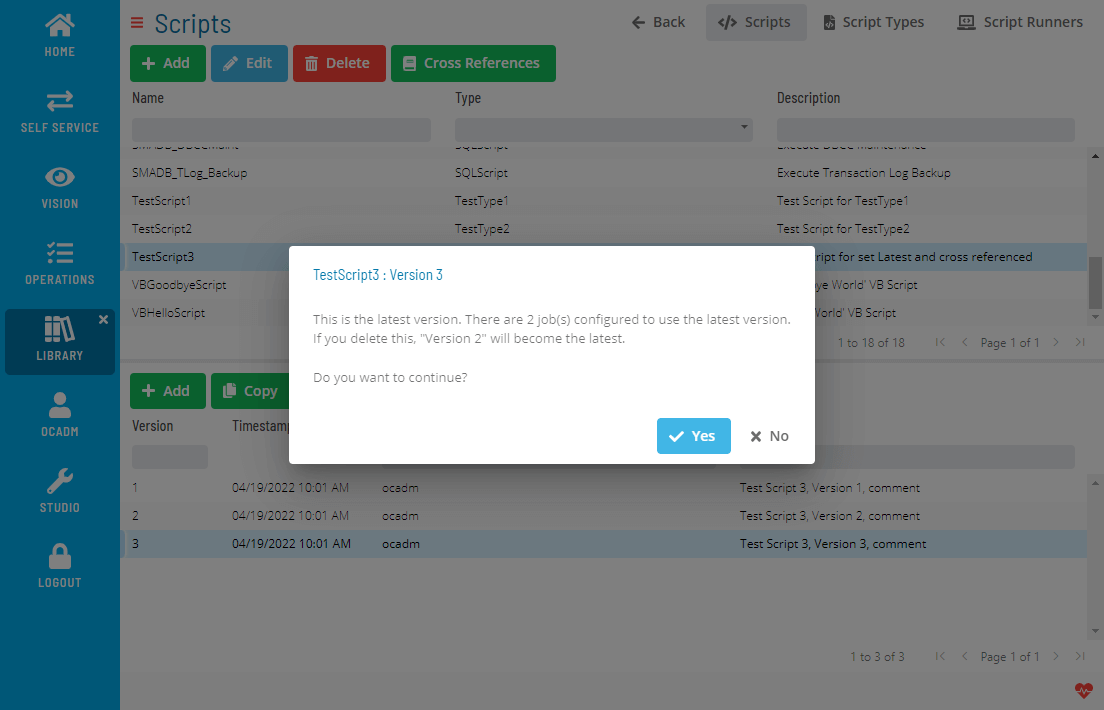 A screen asking for confirmation to delete a script version with additional information