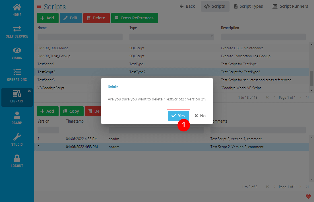 A screen asking for confirmation to delete a script version