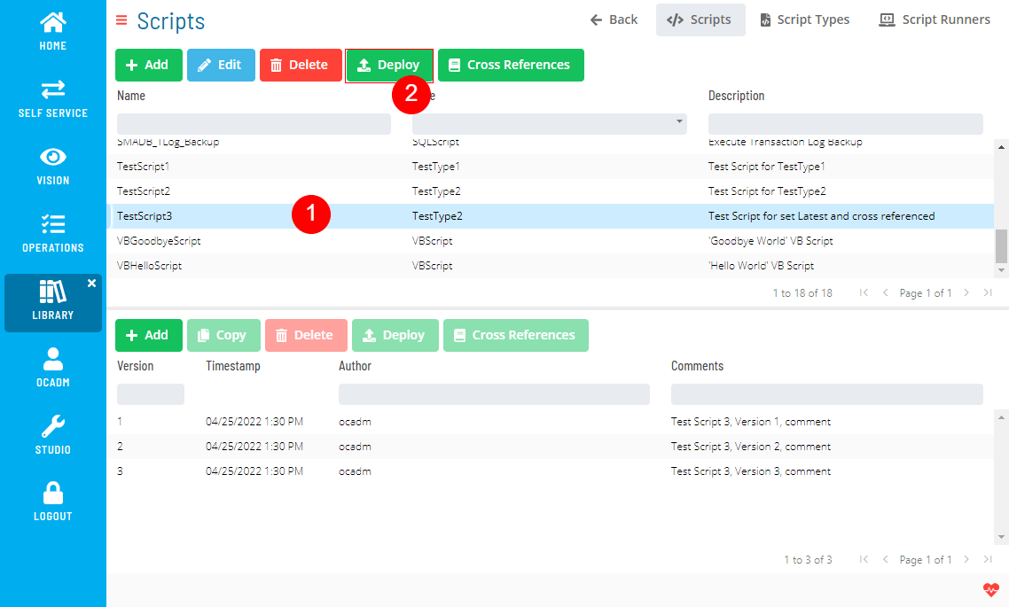 A screen showing scripts module with location of deploy button