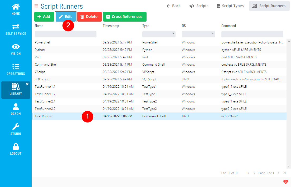 A screen showing script runners module with location of edit button
