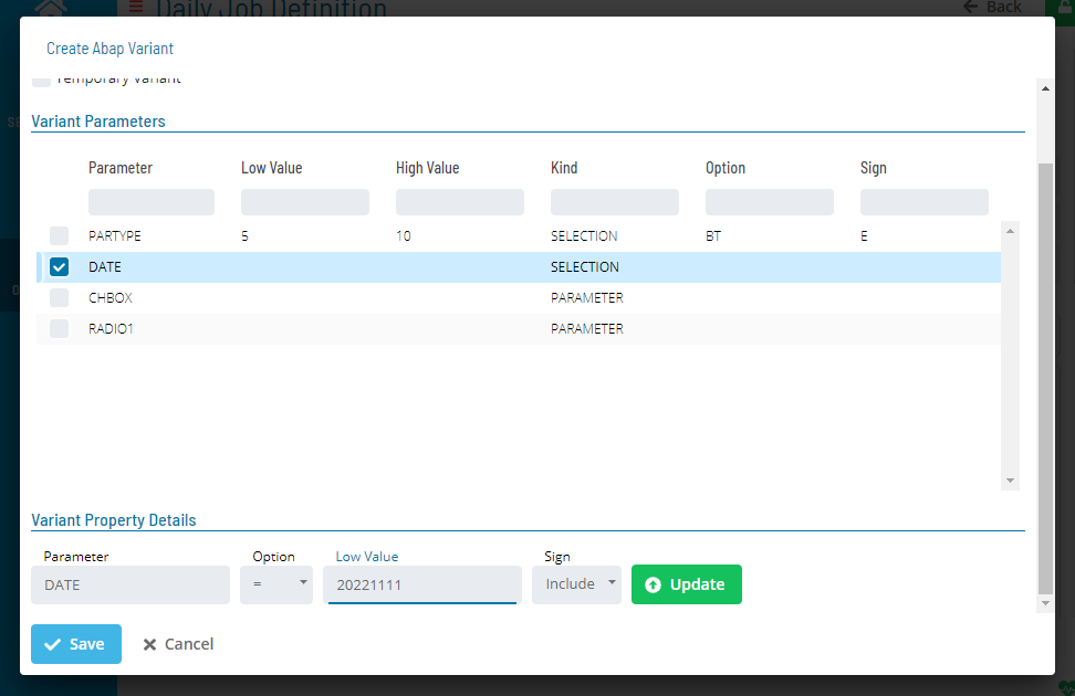 Update Variant Parameter