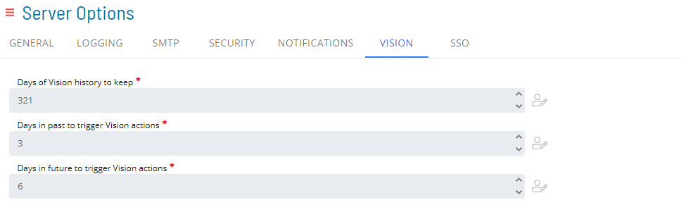 A screen showing vision settings under server options